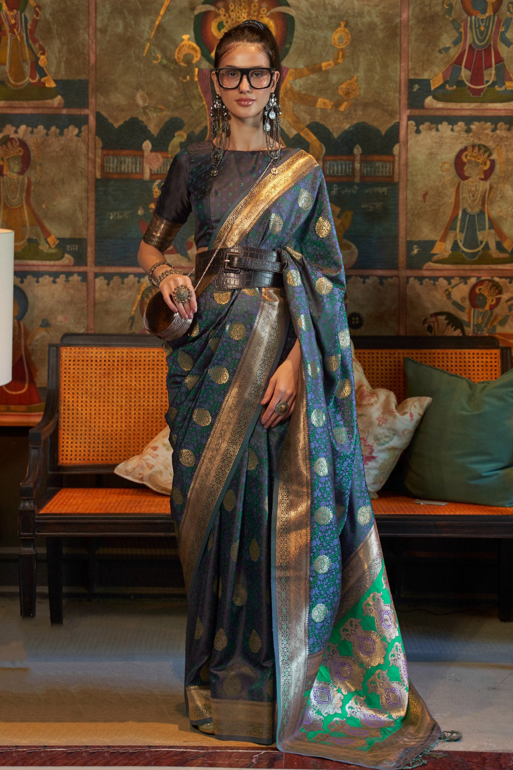 Buy MySilkLove William Blue Satin Handloom Silk Saree Online