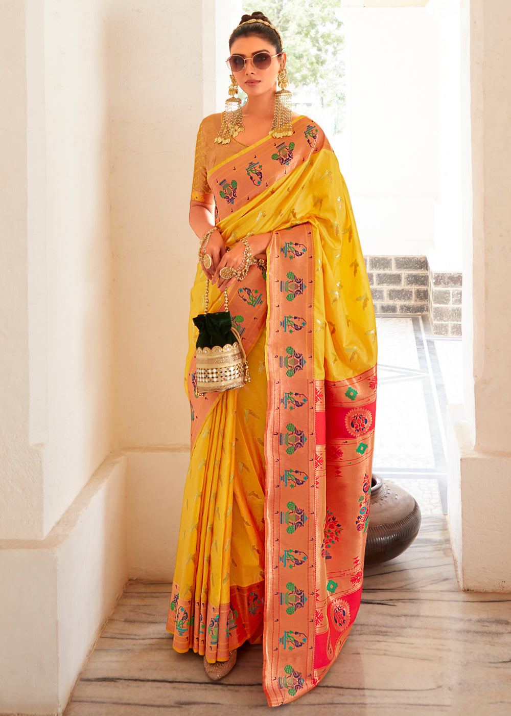 Buy MySilkLove Mustard Yellow and Pink Zari Woven Paithani Silk Saree Online