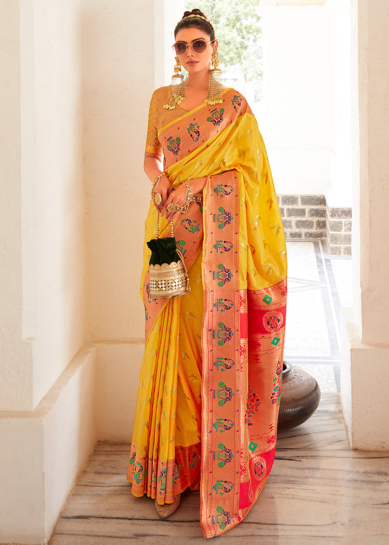 Yellow and orange half and half Kota doria saree with maroon threadwor