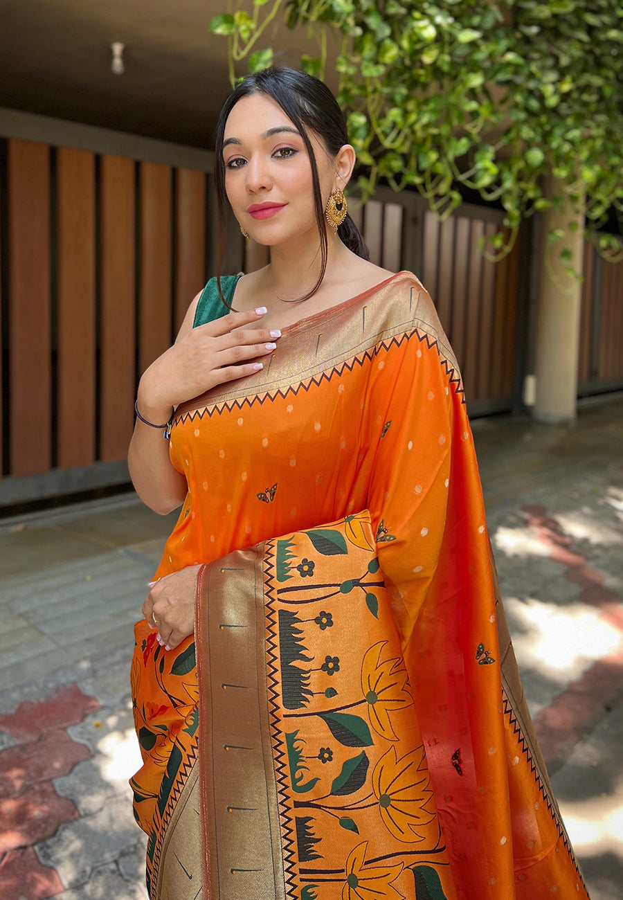 MySilkLove Christine Orange Zari Woven Titli Royal Paithani Silk Saree