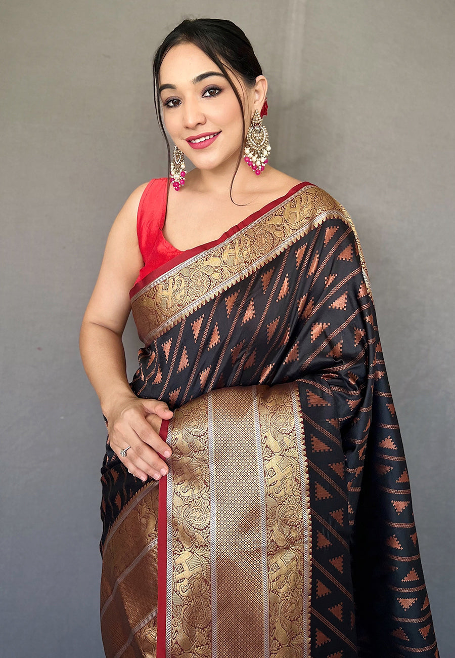 Buy MySilkLove Log Cabin Black Banarasi Silk Leheriya Copper Zari Woven Saree Online