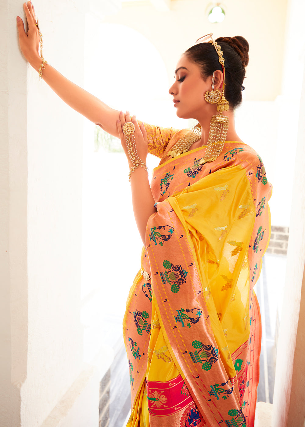 MySilkLove Mustard Yellow and Pink Zari Woven Paithani Silk Saree