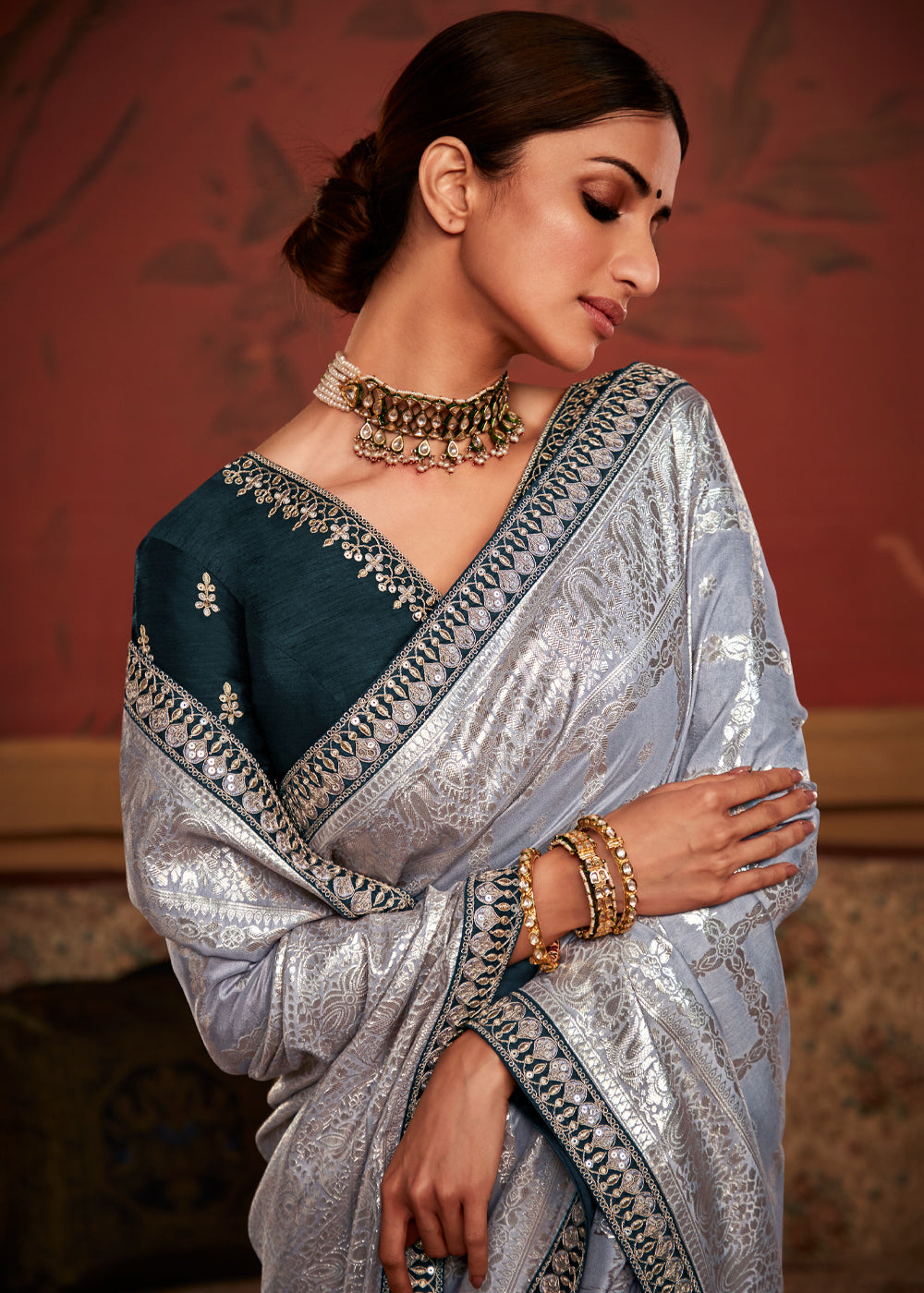 Buy MySilkLove Silver Grey Woven Banarasi Designer Silk Saree With Embroidered Blouse Online