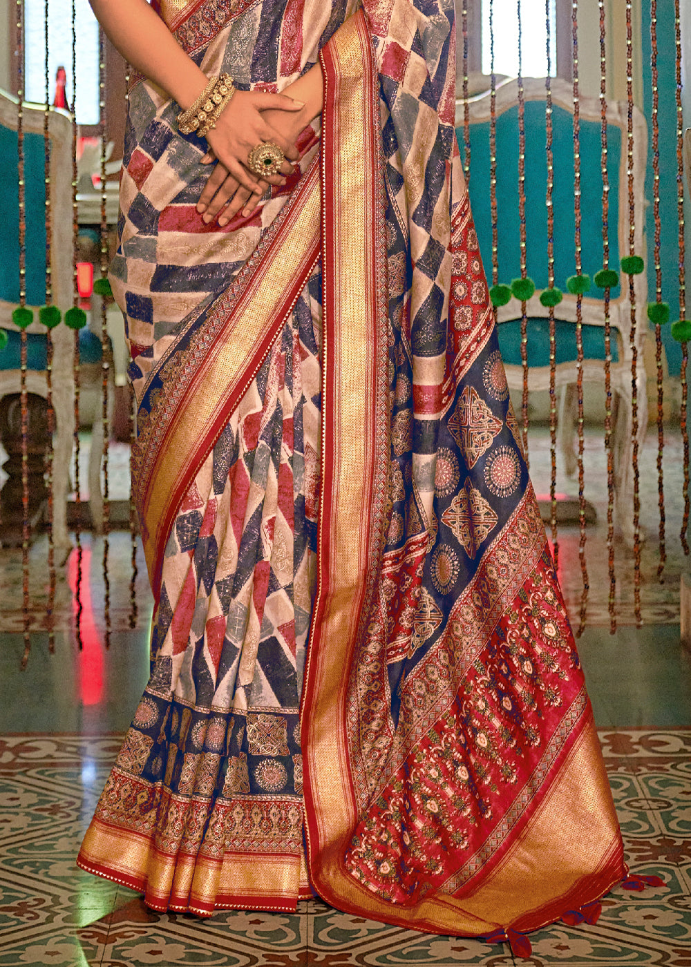 Buy MySilkLove Blackcurrant Blue and Red Printed Patola Soft Silk Saree Online