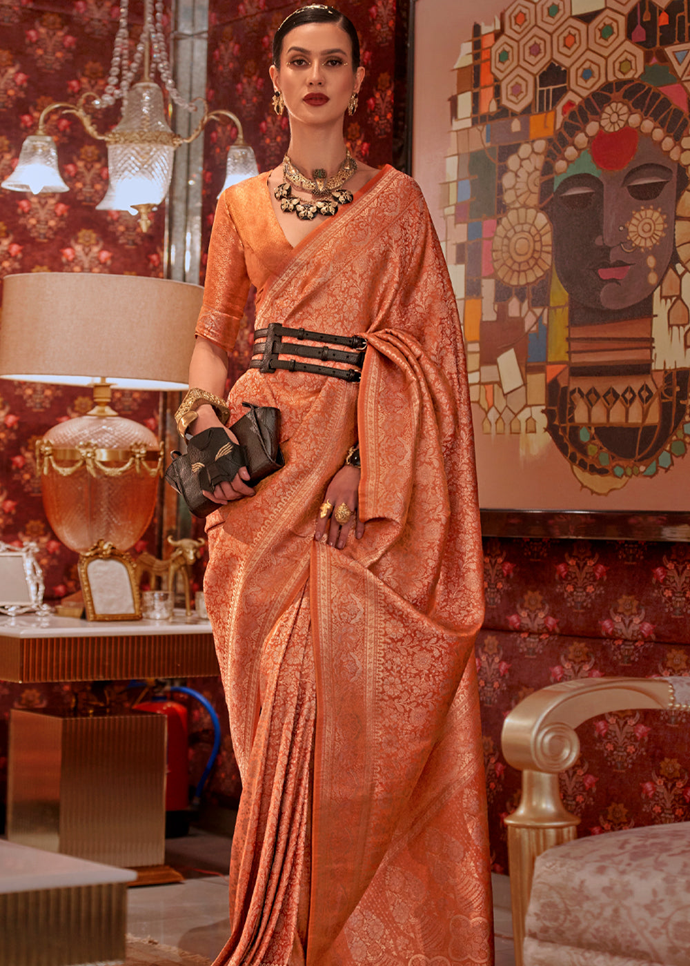 Buy MySilkLove Terracotta Peach Dual Tone Woven Kanjivaram Silk Saree Online