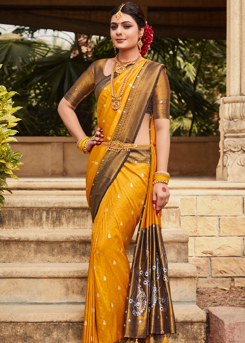 Buy MySilkLove Mustard Yellow Woven Kanjivaram Silk Saree Online