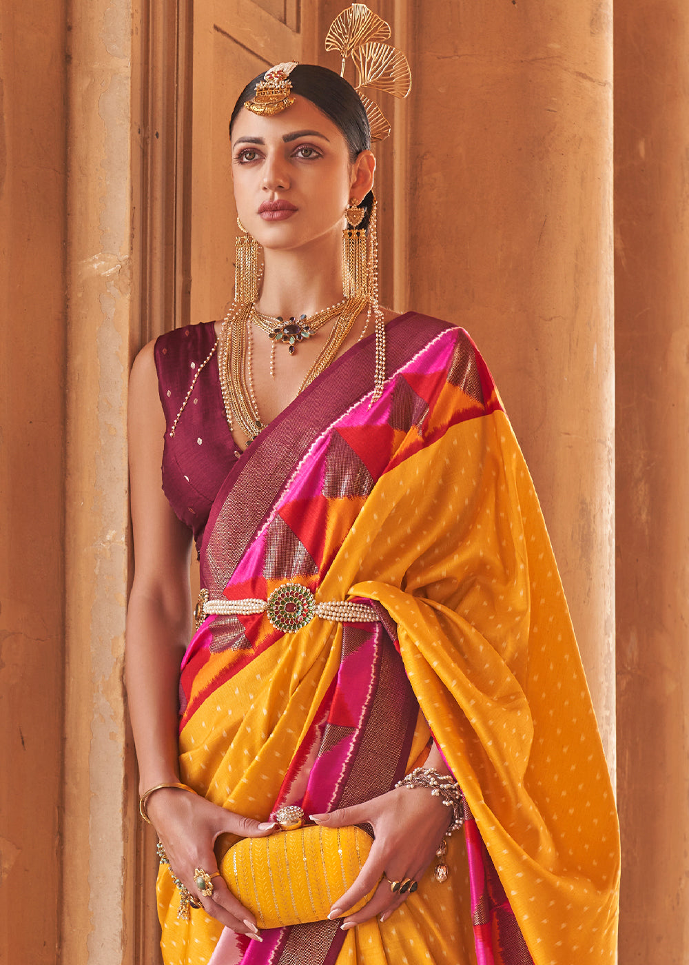 Buy MySilkLove Piper Yellow Designer Printed Patola Silk Saree Online