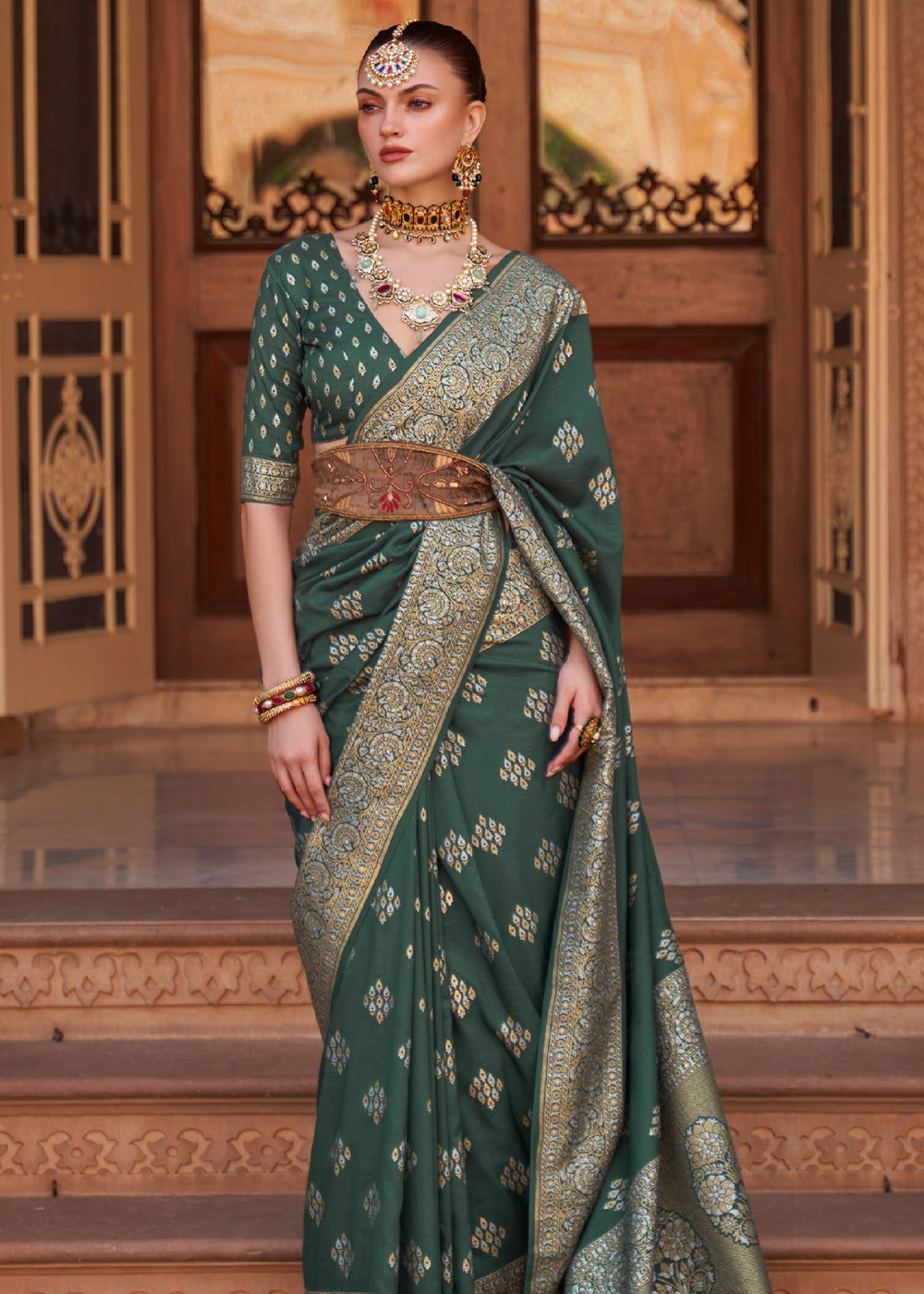 Buy MySilkLove Spring Leaves Green Woven Banarasi Soft Silk Saree Online