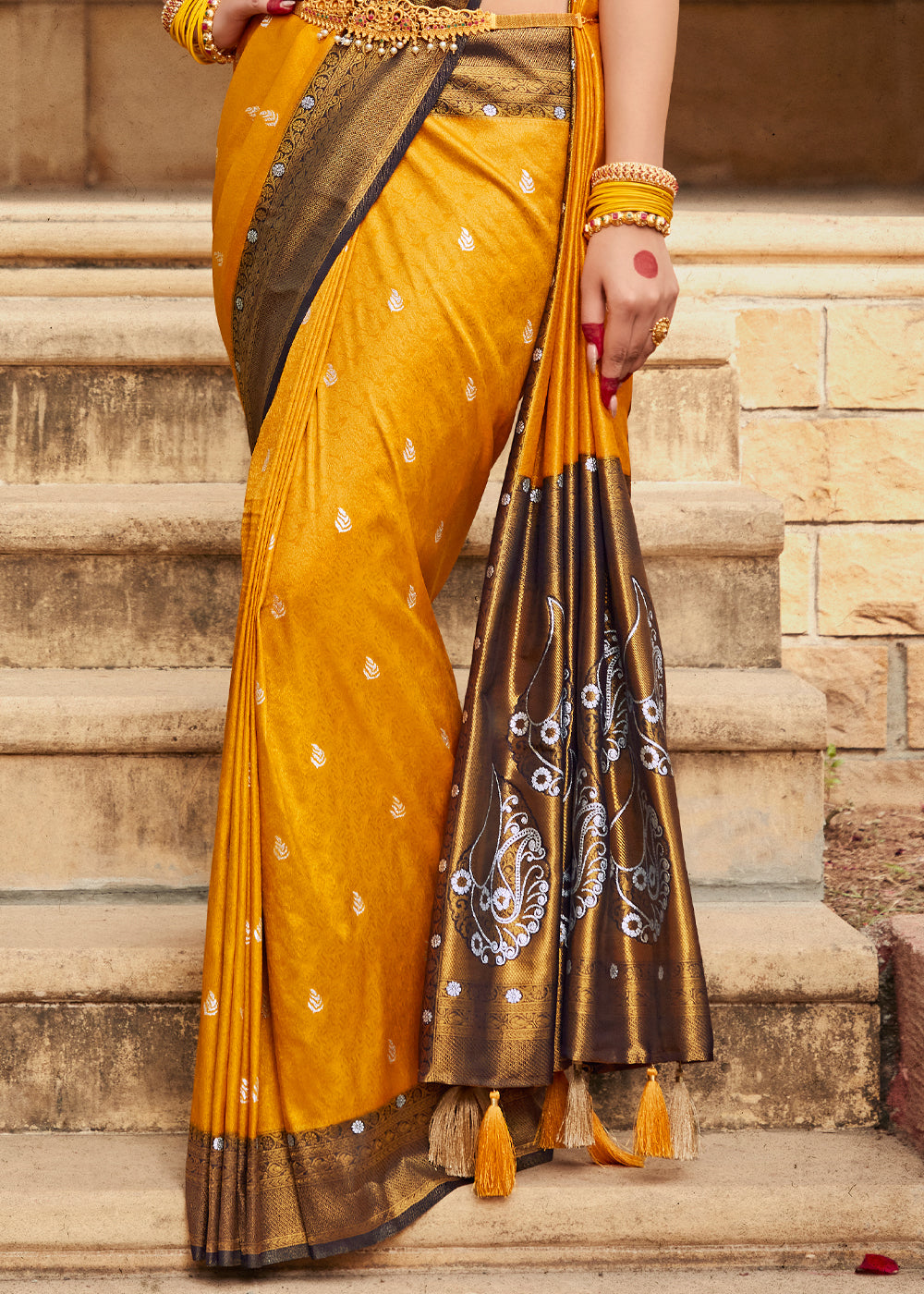 Buy MySilkLove Mustard Yellow Woven Kanjivaram Silk Saree Online