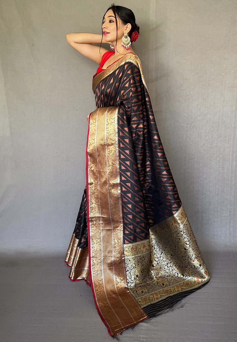 Buy MySilkLove Log Cabin Black Banarasi Silk Leheriya Copper Zari Woven Saree Online