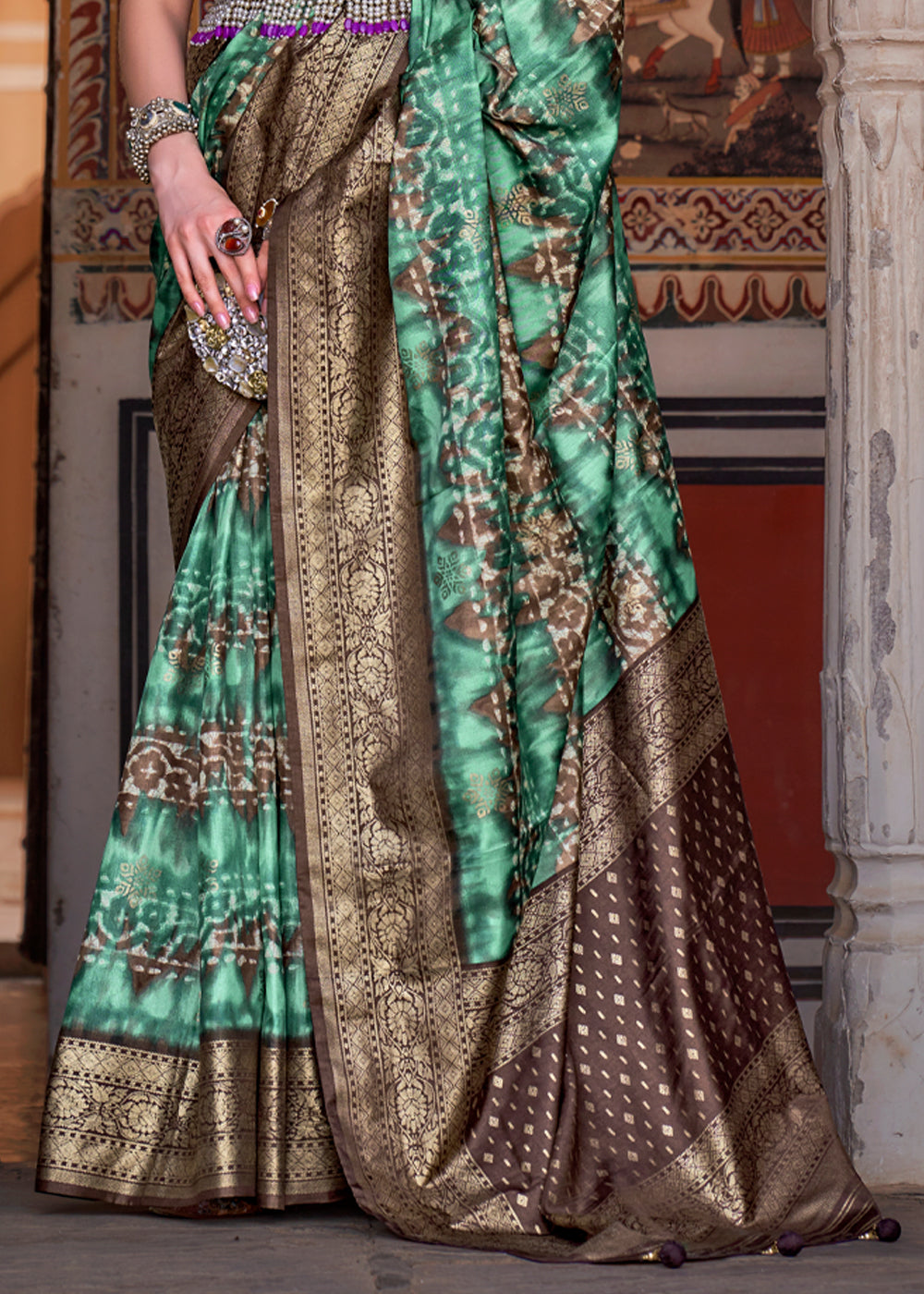 Buy MySilkLove Patina Green Printed Patola Soft Silk Saree Online