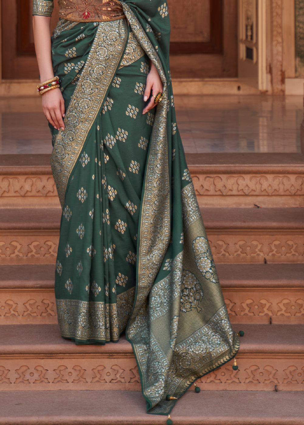 Buy MySilkLove Spring Leaves Green Woven Banarasi Soft Silk Saree Online