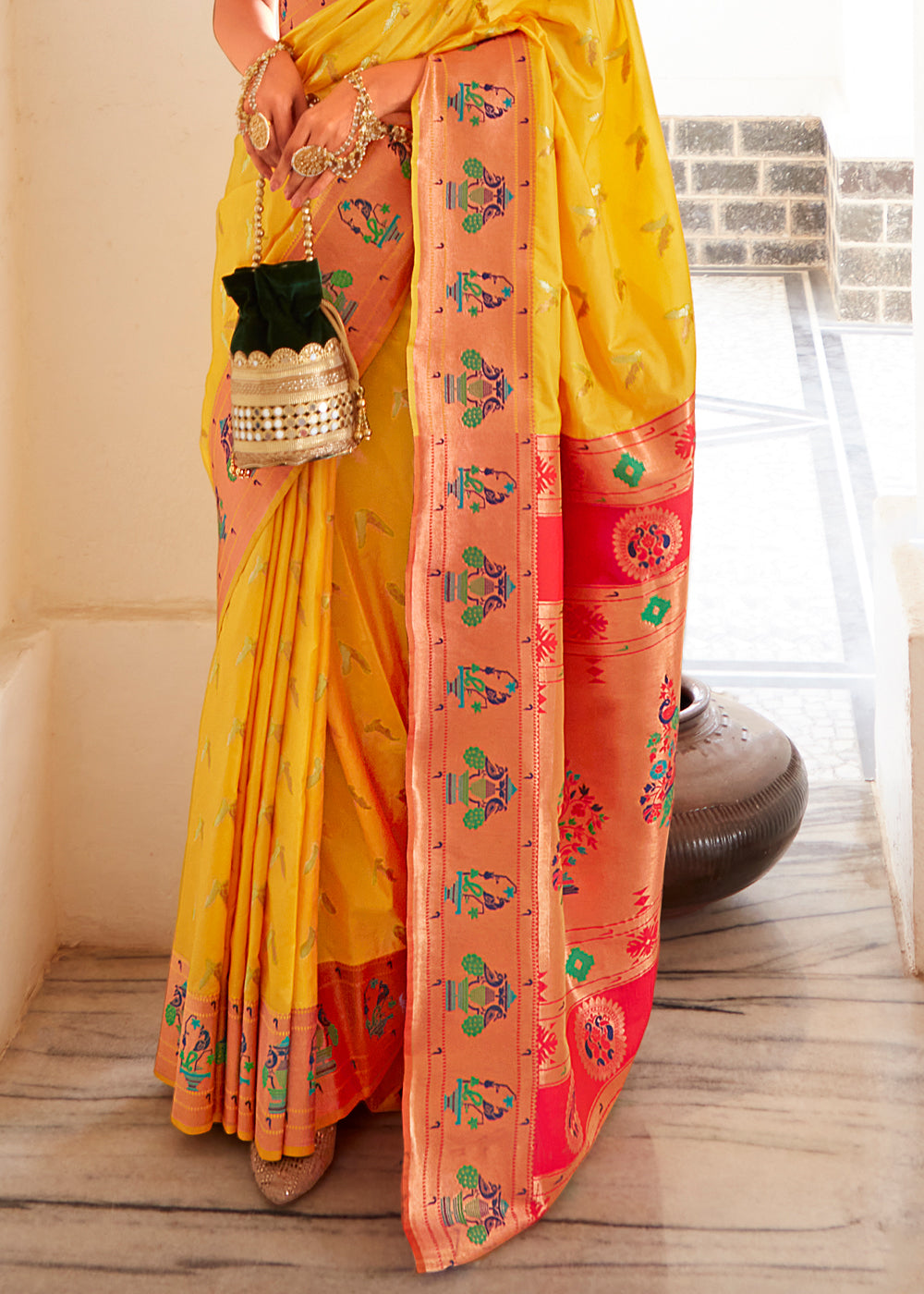 Buy MySilkLove Mustard Yellow and Pink Zari Woven Paithani Silk Saree Online