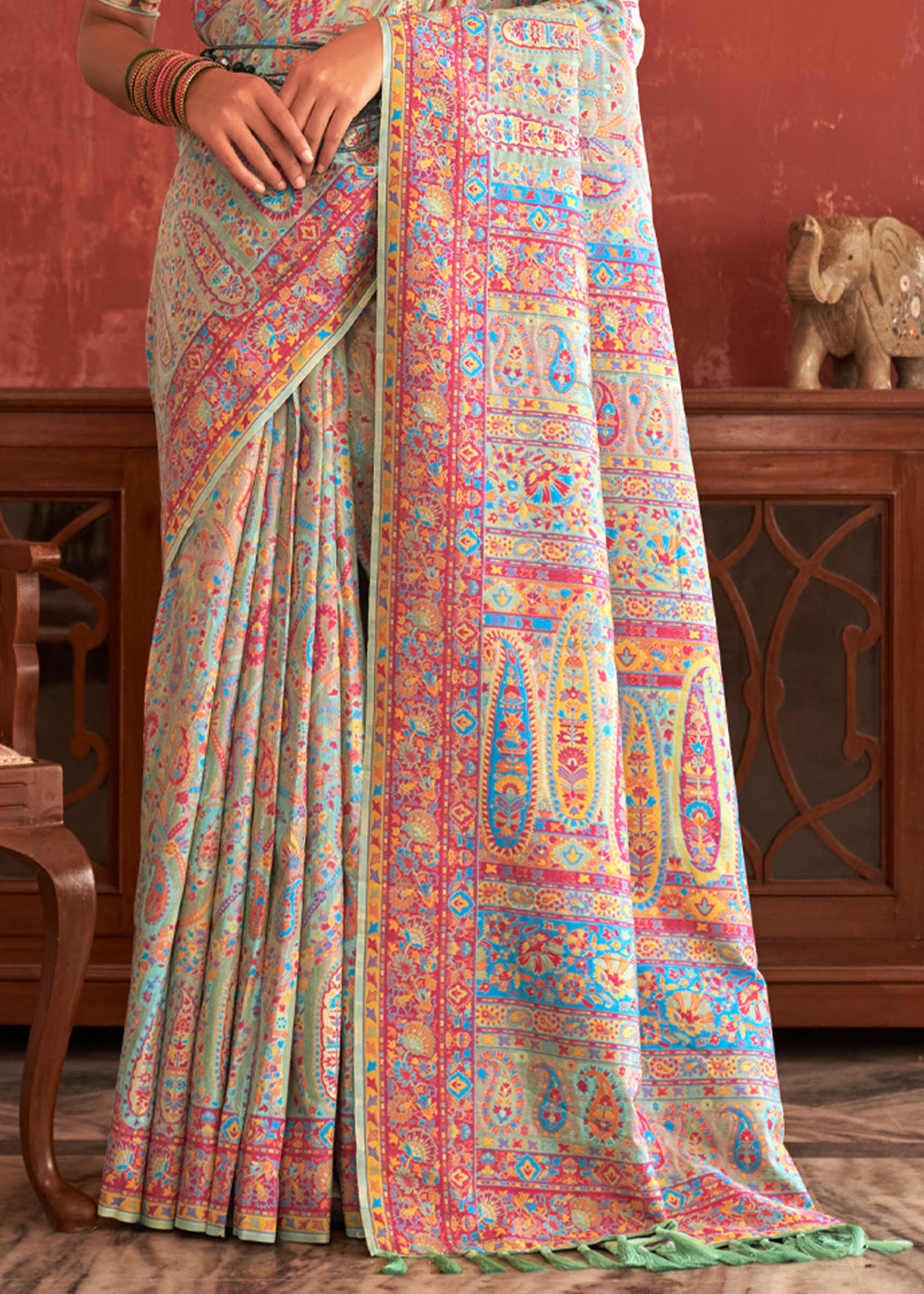 Buy MySilkLove Taupe Green Woven Kashmiri Jamewar Silk Saree Online