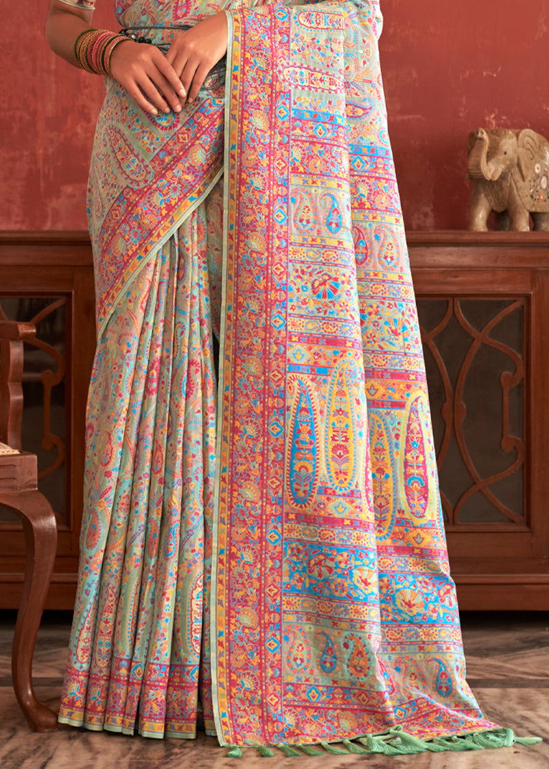 Taupe Green Woven Kashmiri Jamewar Silk Saree