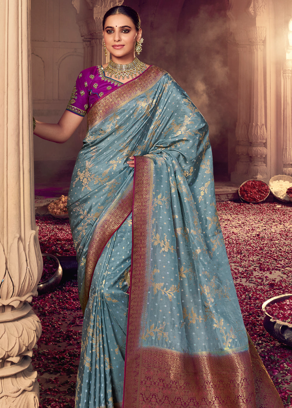 Buy MySilkLove Granny Smith Grey and Purple Zari Woven Designer Banarasi Saree Online