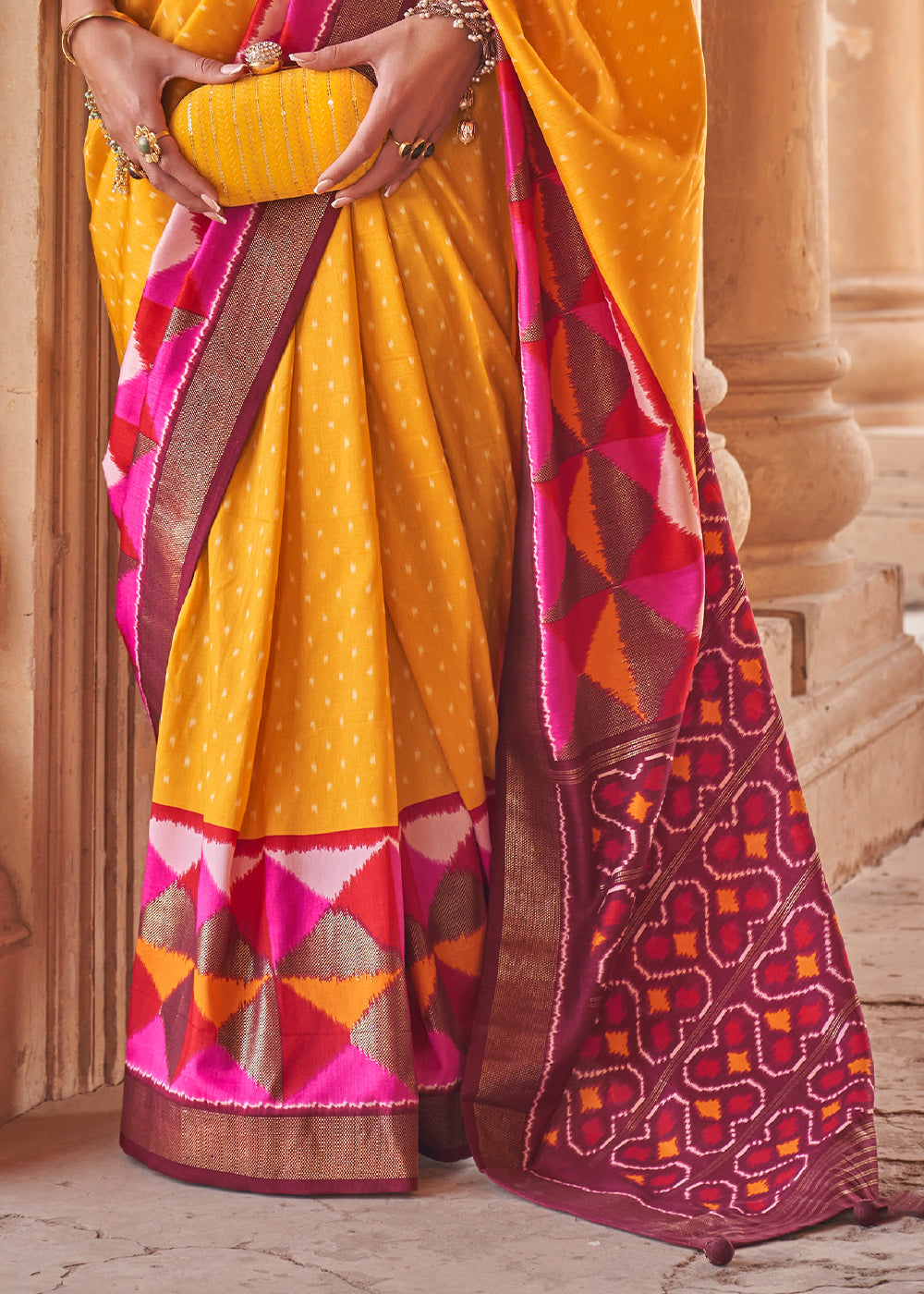 Buy MySilkLove Piper Yellow Designer Printed Patola Silk Saree Online