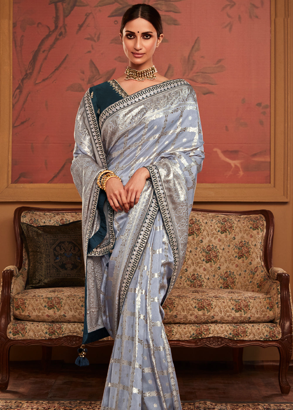 Buy MySilkLove Silver Grey Woven Banarasi Designer Silk Saree With Embroidered Blouse Online