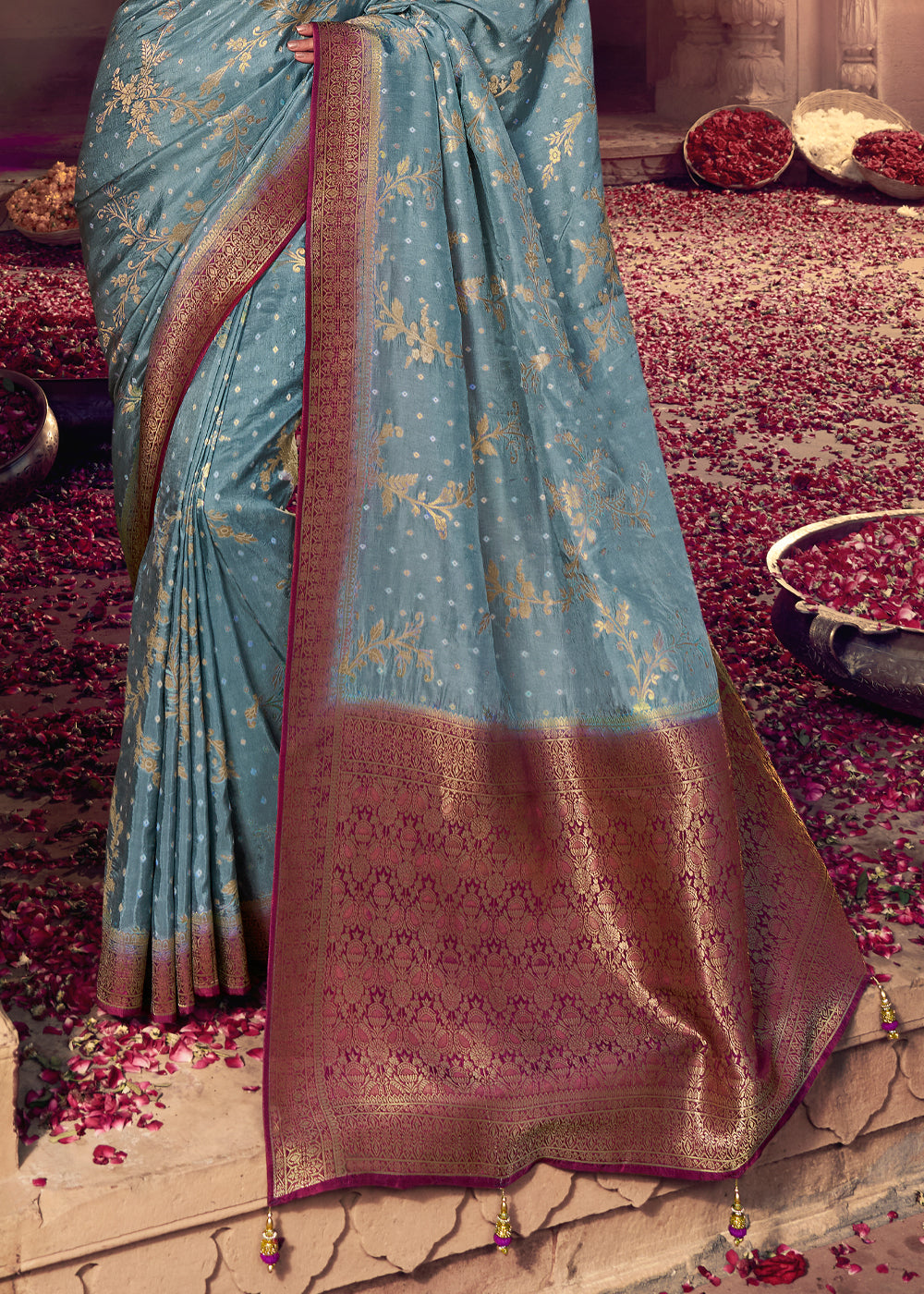 Buy MySilkLove Granny Smith Grey and Purple Zari Woven Designer Banarasi Saree Online