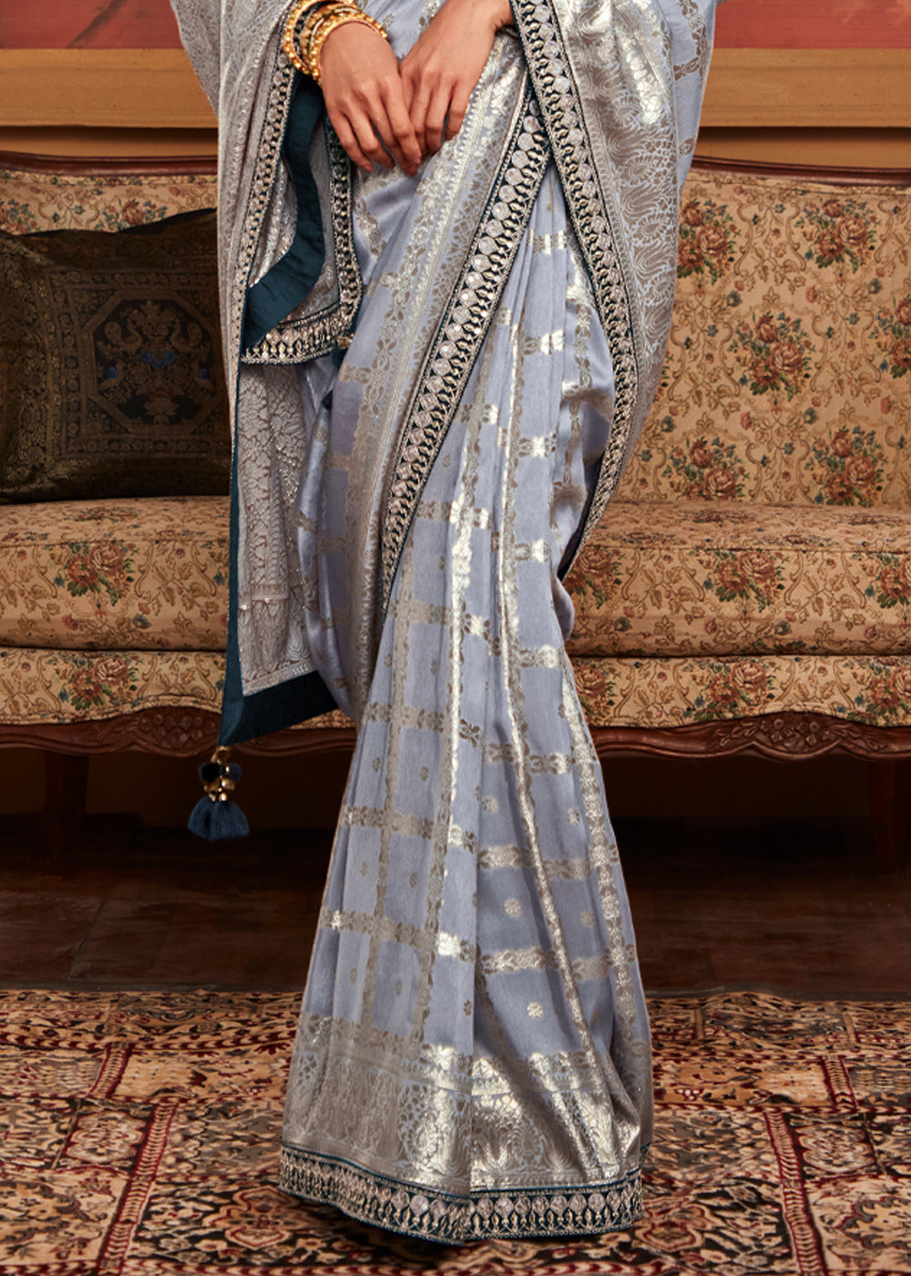Buy MySilkLove Silver Grey Woven Banarasi Designer Silk Saree With Embroidered Blouse Online