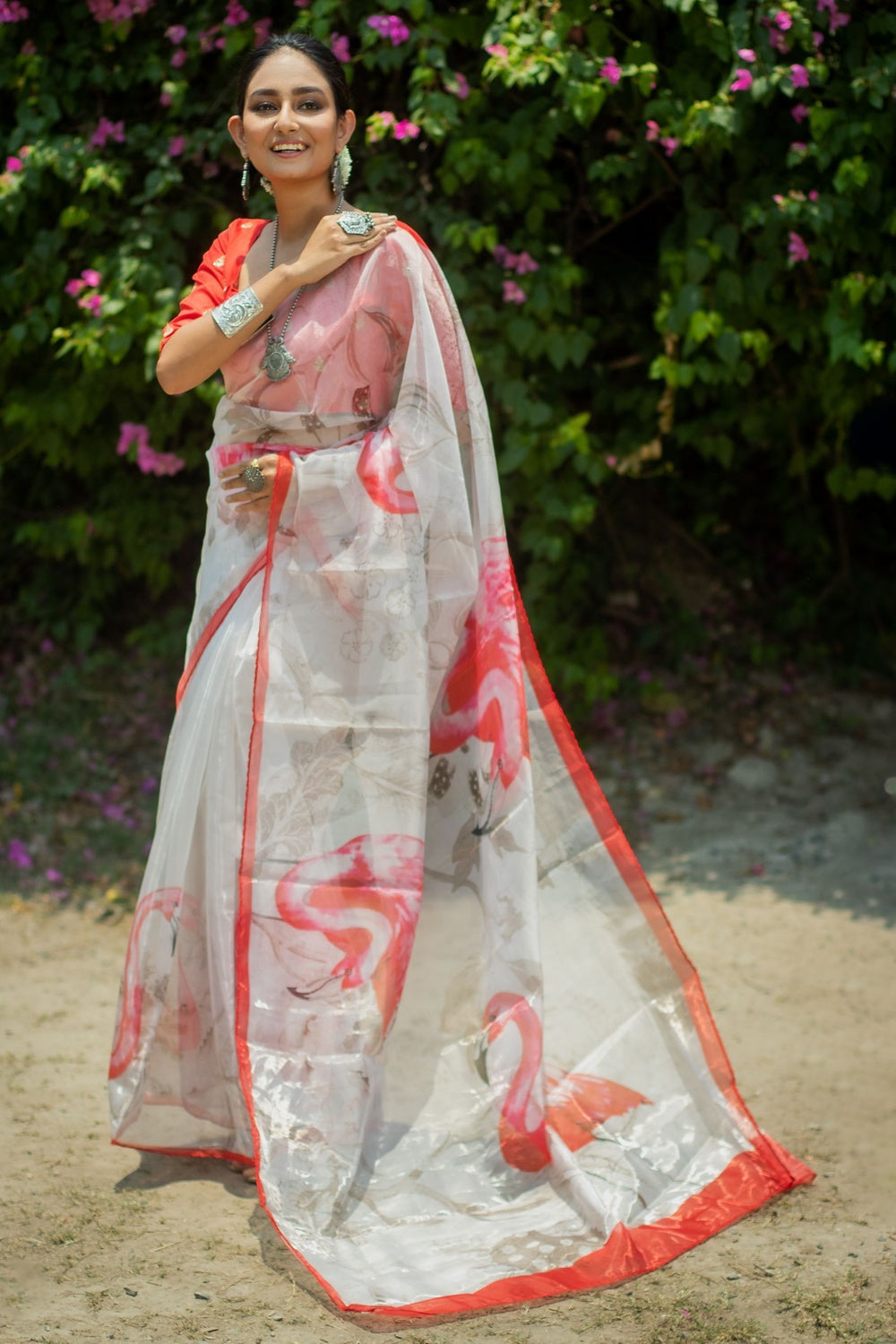 Buy MySilkLove Cloudy Grey and Red Floral Design Organza Printed Saree Online