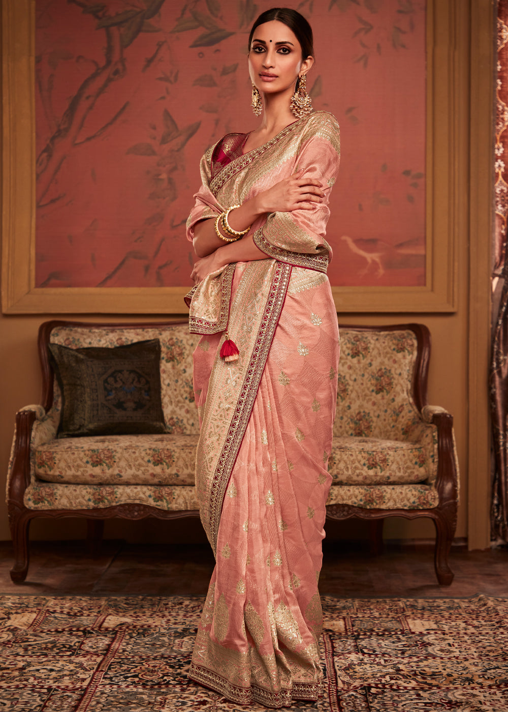 MySilkLove Harvest Gold Peach Woven Banarasi Designer Silk Saree With Embroidered Blouse