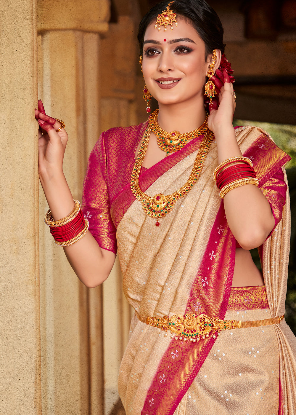 Buy MySilkLove New Orleans Cream and Pink Woven Kanjivaram Silk Saree Online