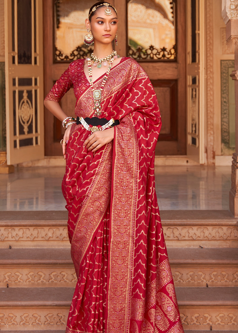 Buy MySilkLove Mojo Red Woven Banarasi Soft Silk Saree Online