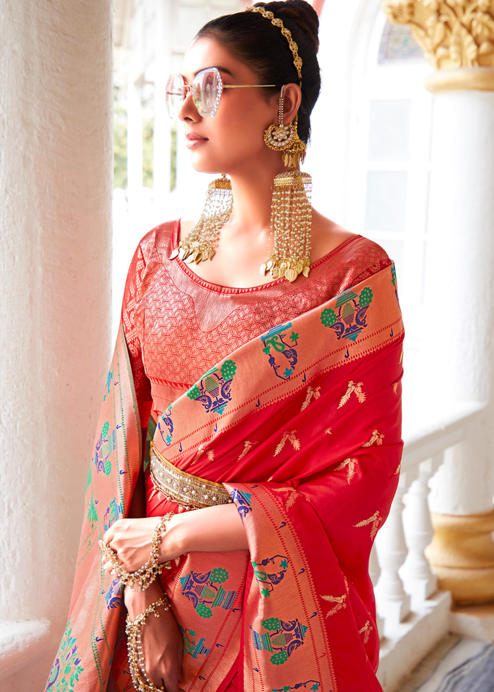 Buy MySilkLove Flamingo Red Zari Woven Paithani Silk Saree Online