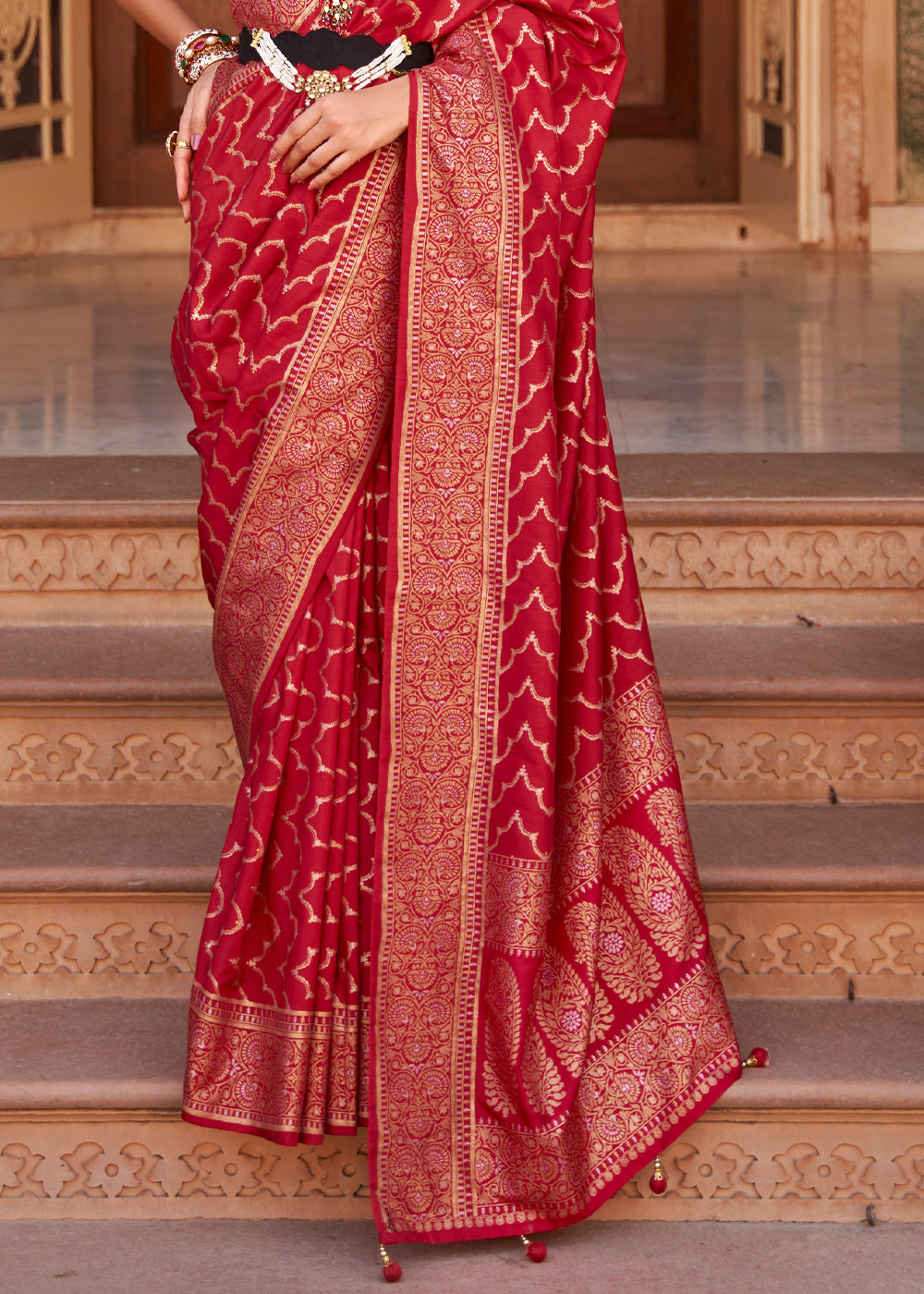 Buy MySilkLove Mojo Red Woven Banarasi Soft Silk Saree Online