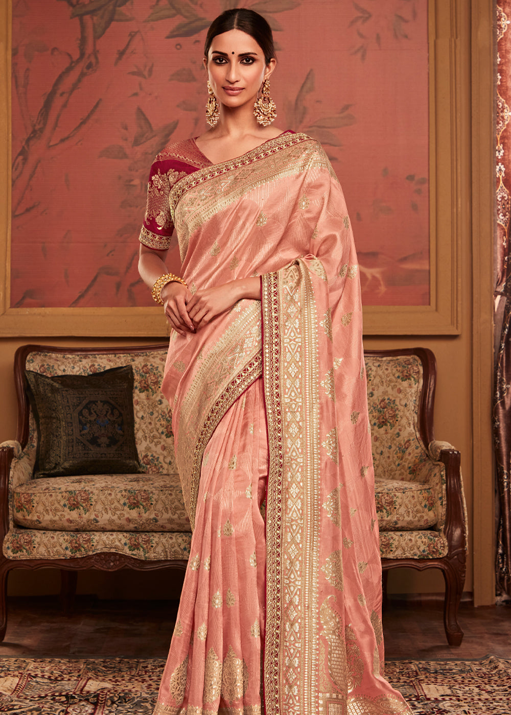 Buy MySilkLove Harvest Gold Peach Woven Banarasi Designer Silk Saree With Embroidered Blouse Online