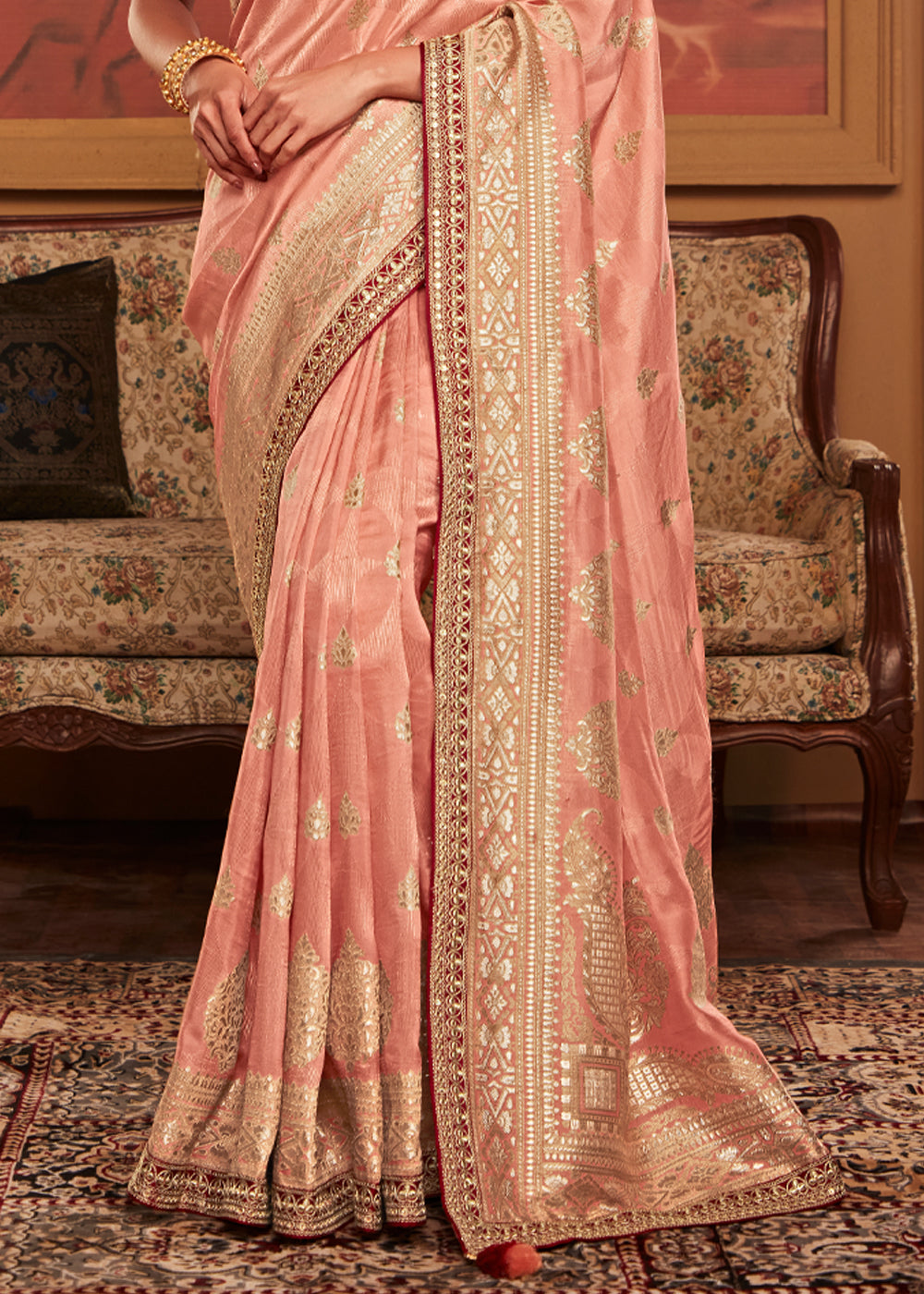 Buy MySilkLove Harvest Gold Peach Woven Banarasi Designer Silk Saree With Embroidered Blouse Online