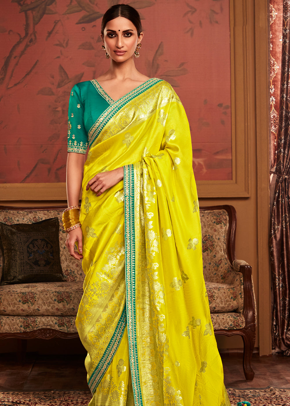Buy MySilkLove Ripe Lemon Yellow Woven Banarasi Designer Silk Saree With Embroidered Blouse Online