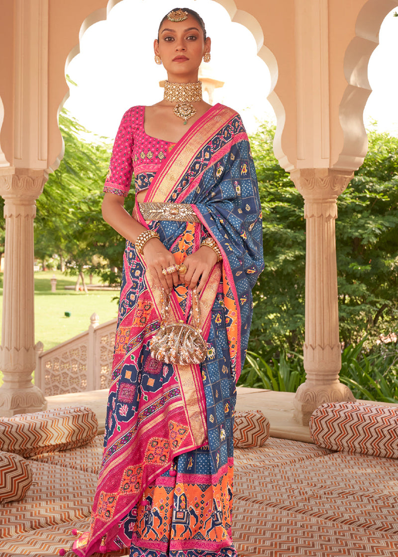 Navy Blue Color Patola Silk Printed Saree