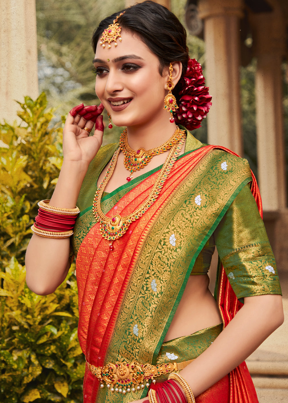 Buy MySilkLove Coral Orange and Green Woven Kanjivaram Silk Saree Online