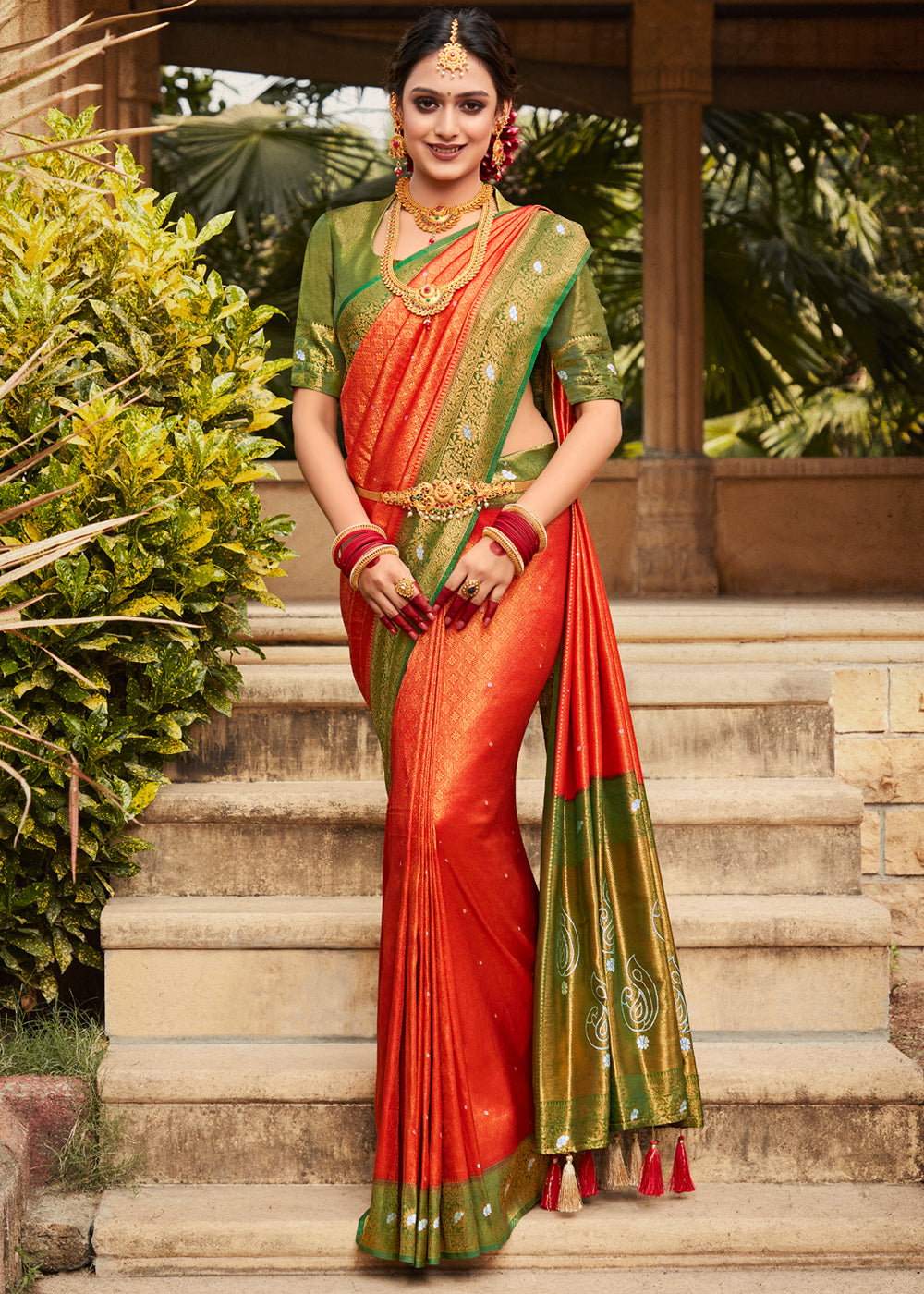 Buy MySilkLove Coral Orange and Green Woven Kanjivaram Silk Saree Online