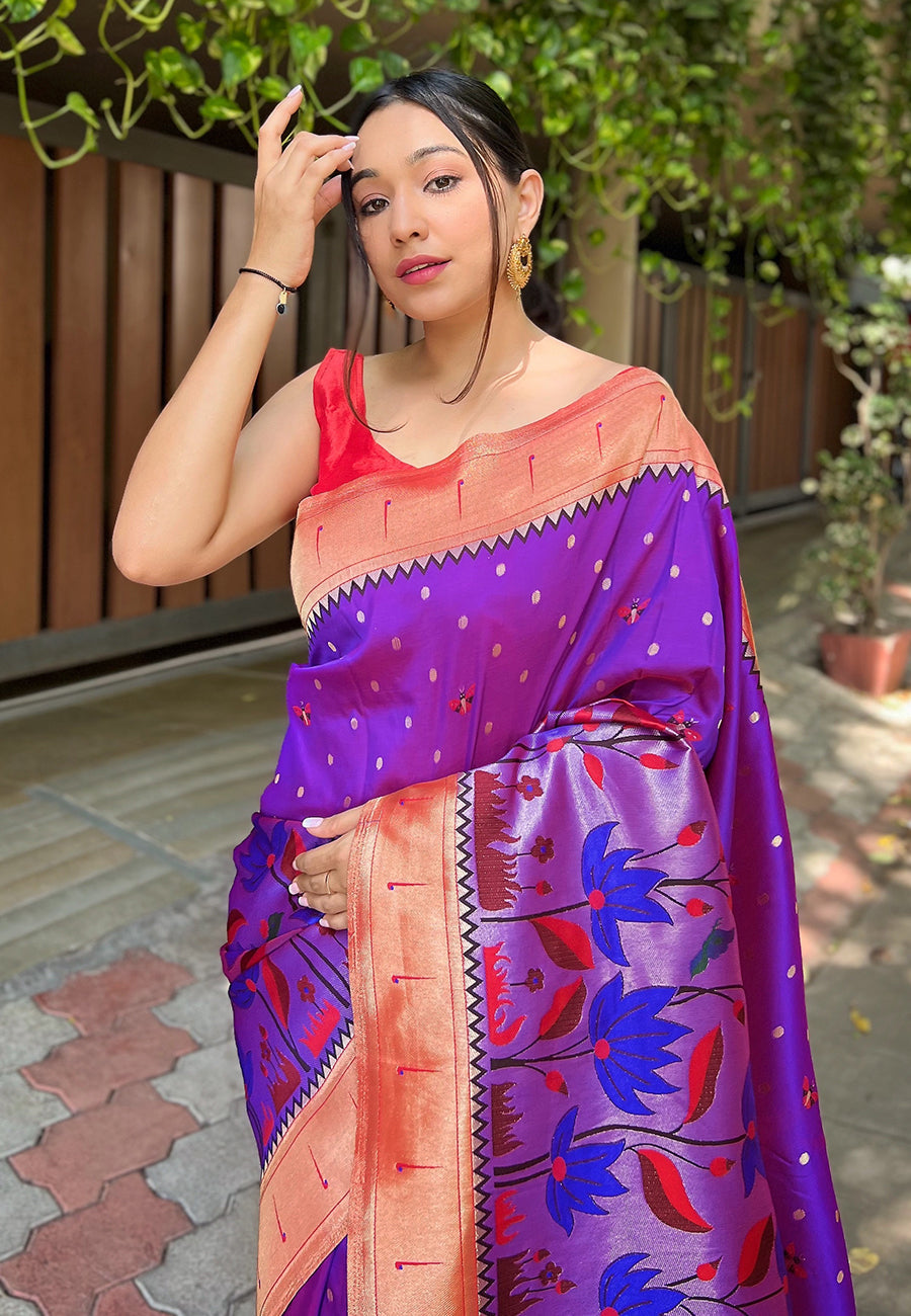 MySilkLove Pixie Purple Zari Woven Titli Royal Paithani Silk Saree