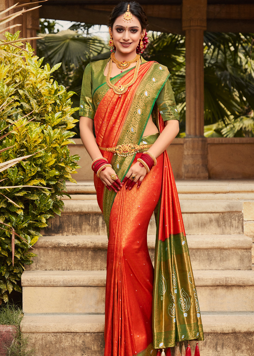 Buy MySilkLove Coral Orange and Green Woven Kanjivaram Silk Saree Online