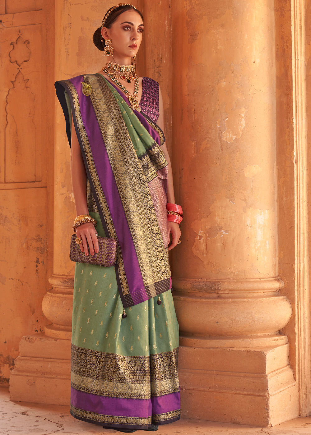 Buy MySilkLove Go Ben Green and Purple Woven Patola Soft Silk Saree Online