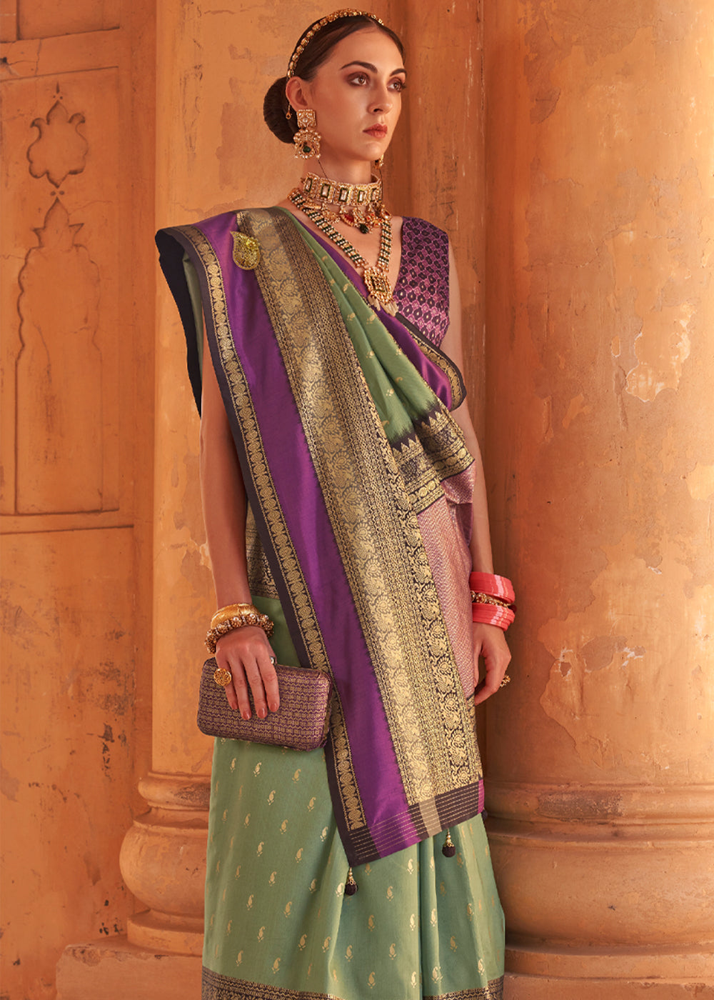 MySilkLove Go Ben Green and Purple Woven Patola Soft Silk Saree