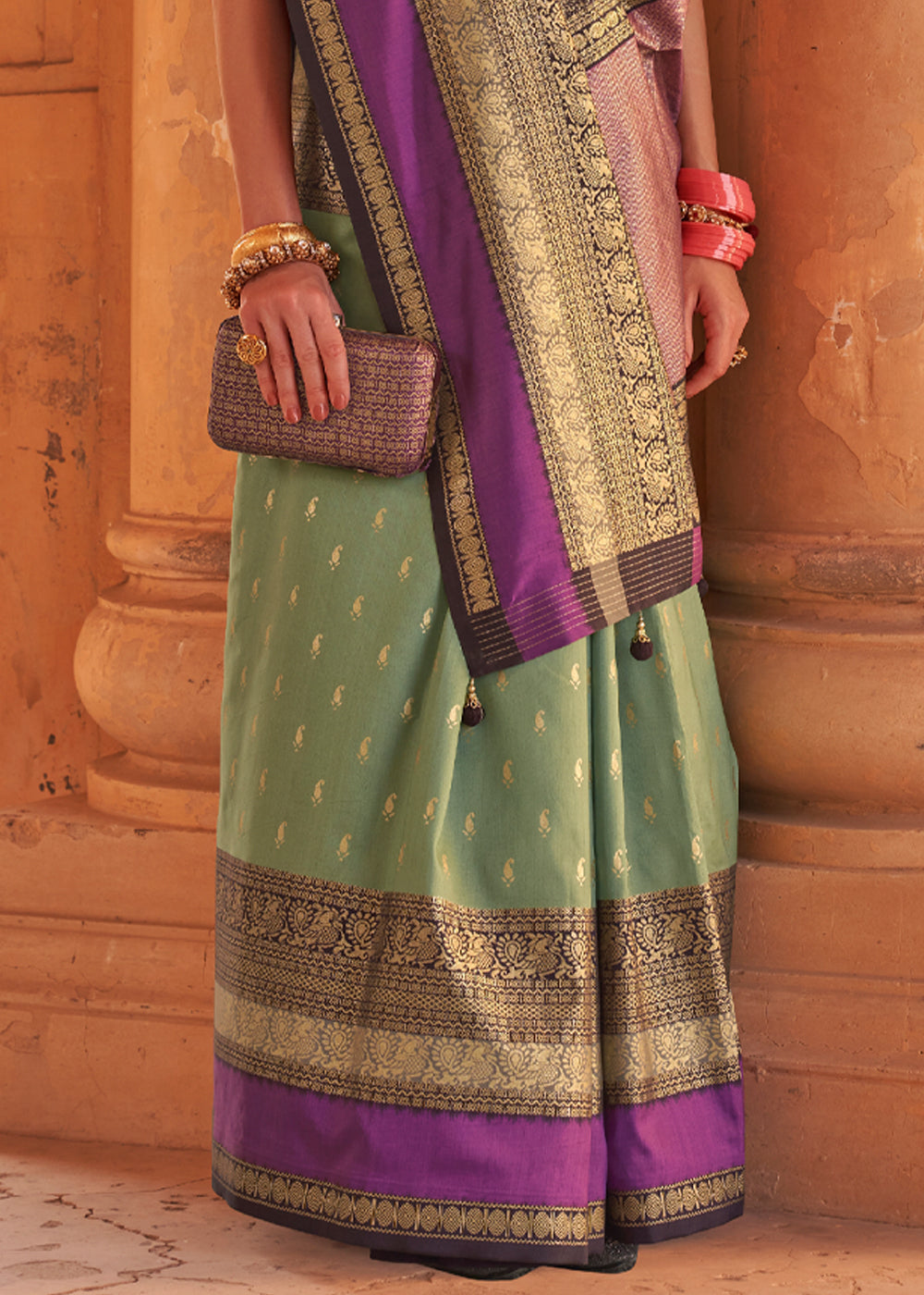 Buy MySilkLove Go Ben Green and Purple Woven Patola Soft Silk Saree Online