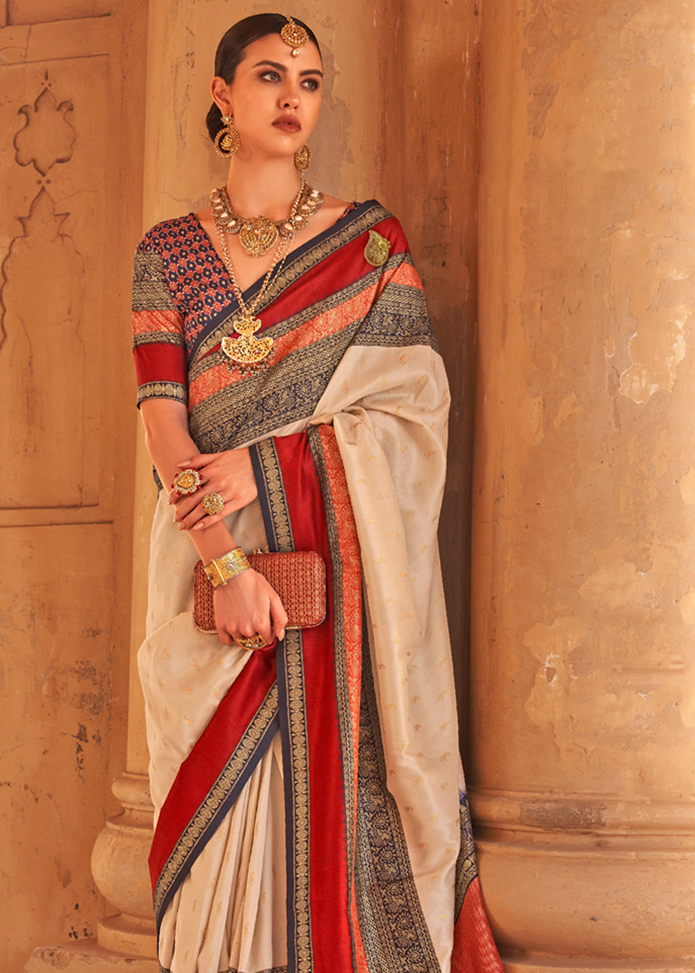 MySilkLove Wheat Cream Woven Patola Soft Silk Saree