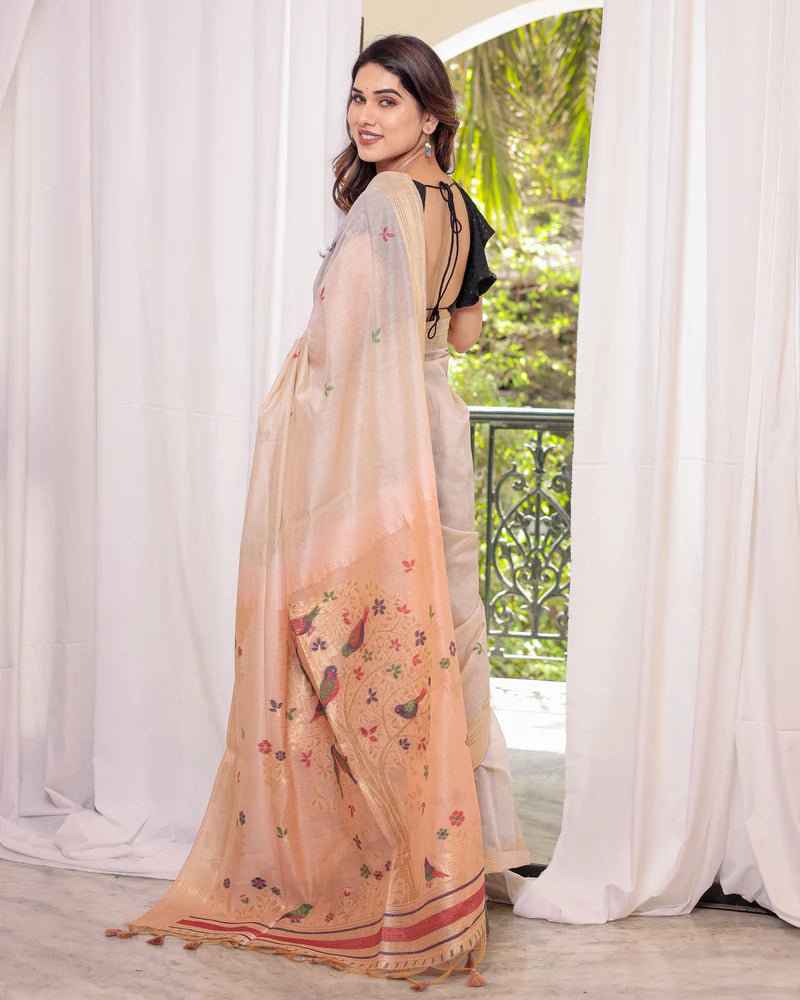 Buy MySilkLove Wheat Cream and Peach Woven Muga Cotton Saree Online
