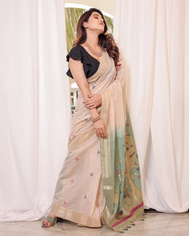 Buy MySilkLove Biscuit Cream and Green Woven Muga Cotton Saree Online
