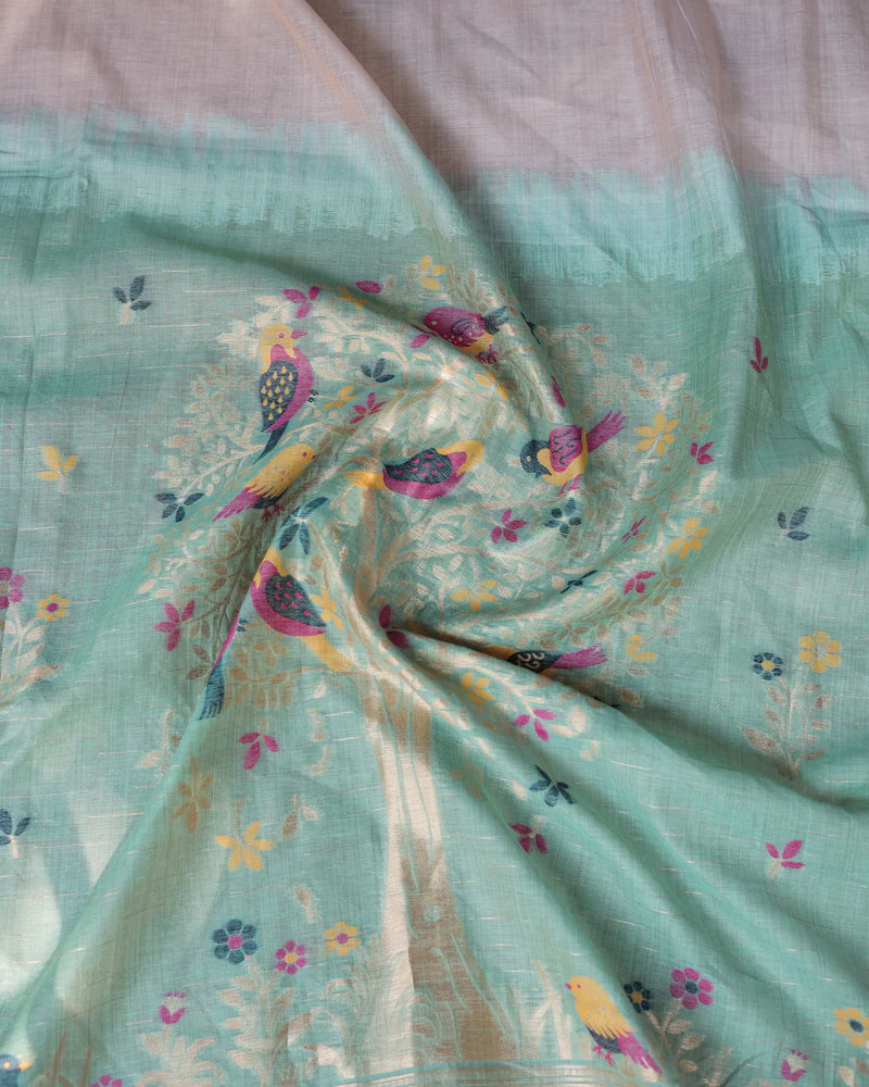 Buy MySilkLove Biscuit Cream and Green Woven Muga Cotton Saree Online