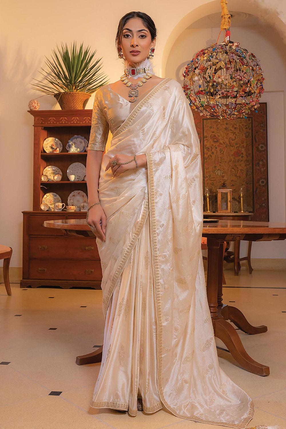 Buy MySilkLove Wafer White Satin Saree with Embroidered Blouse Online