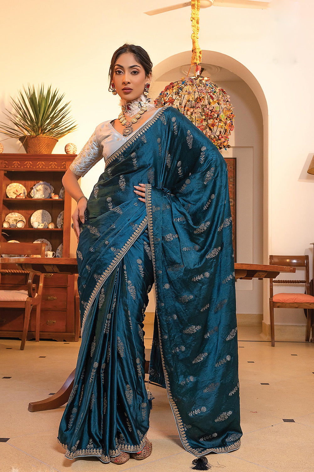 Buy MySilkLove Casal Blue Satin Saree with Embroidered Blouse Online