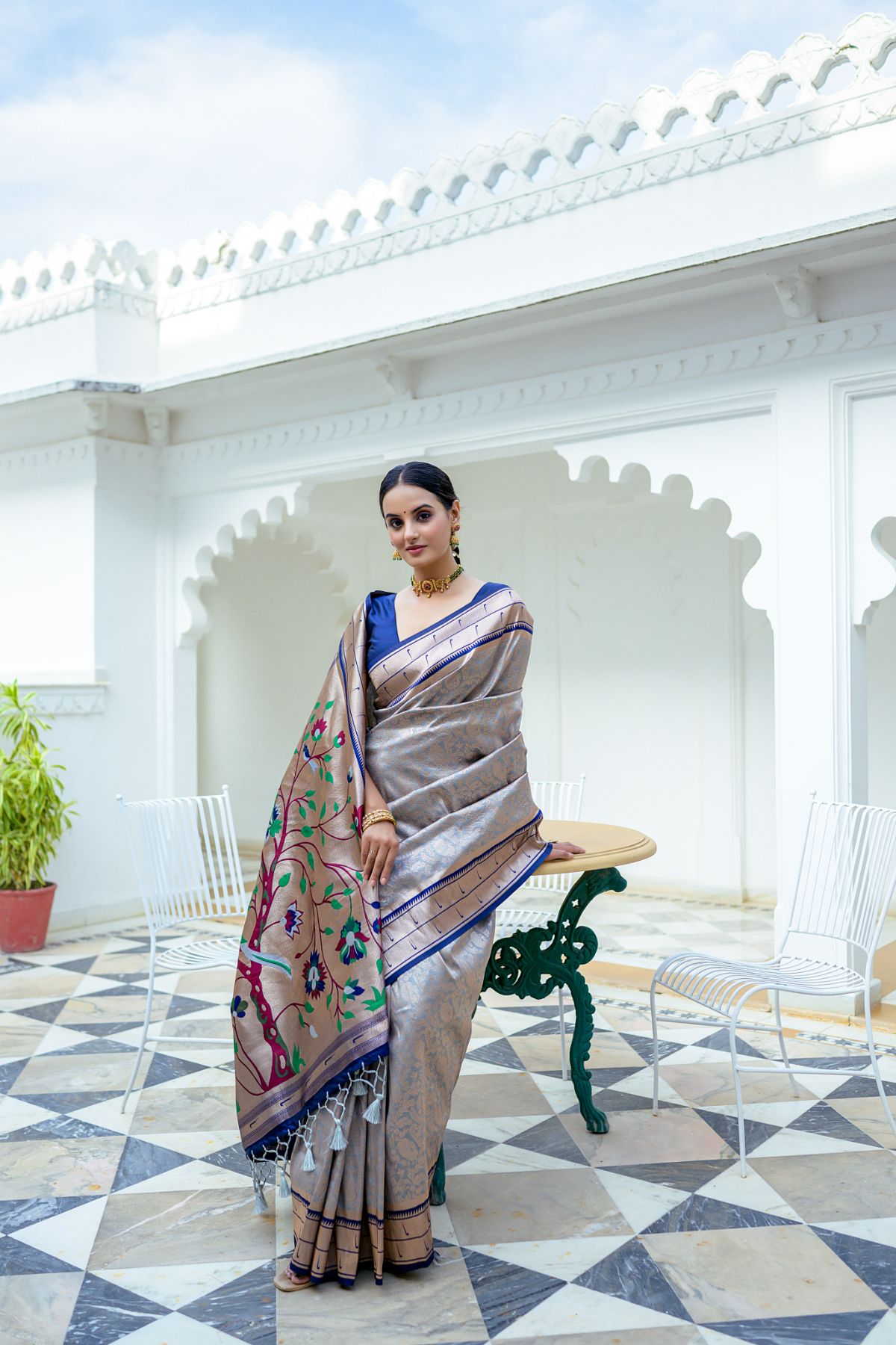 Buy MySilkLove Light Grey and shade Blue Woven Paithani Saree Online