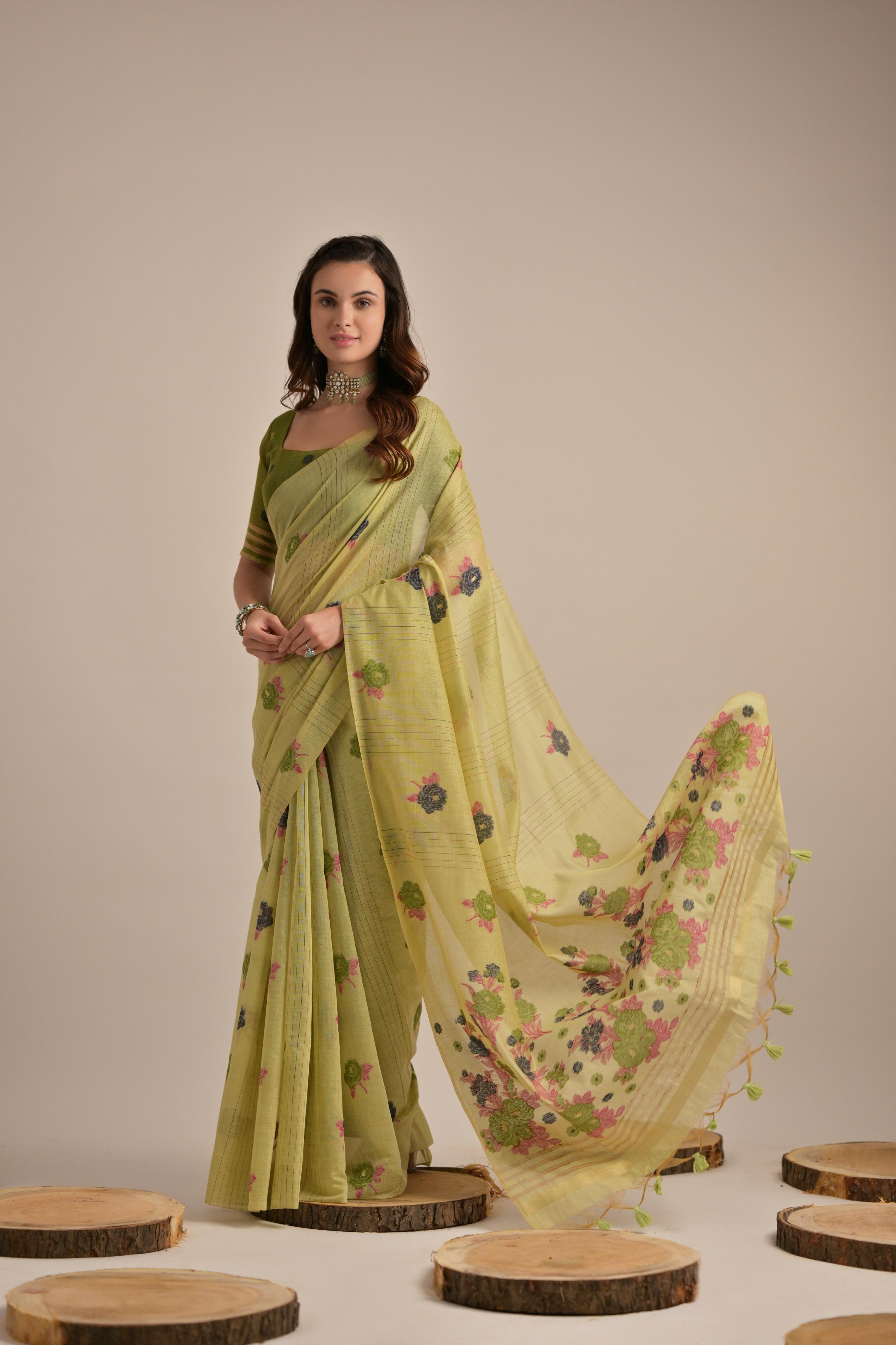 MySilkLove Pea Green Floral Woven Muga Cotton Saree