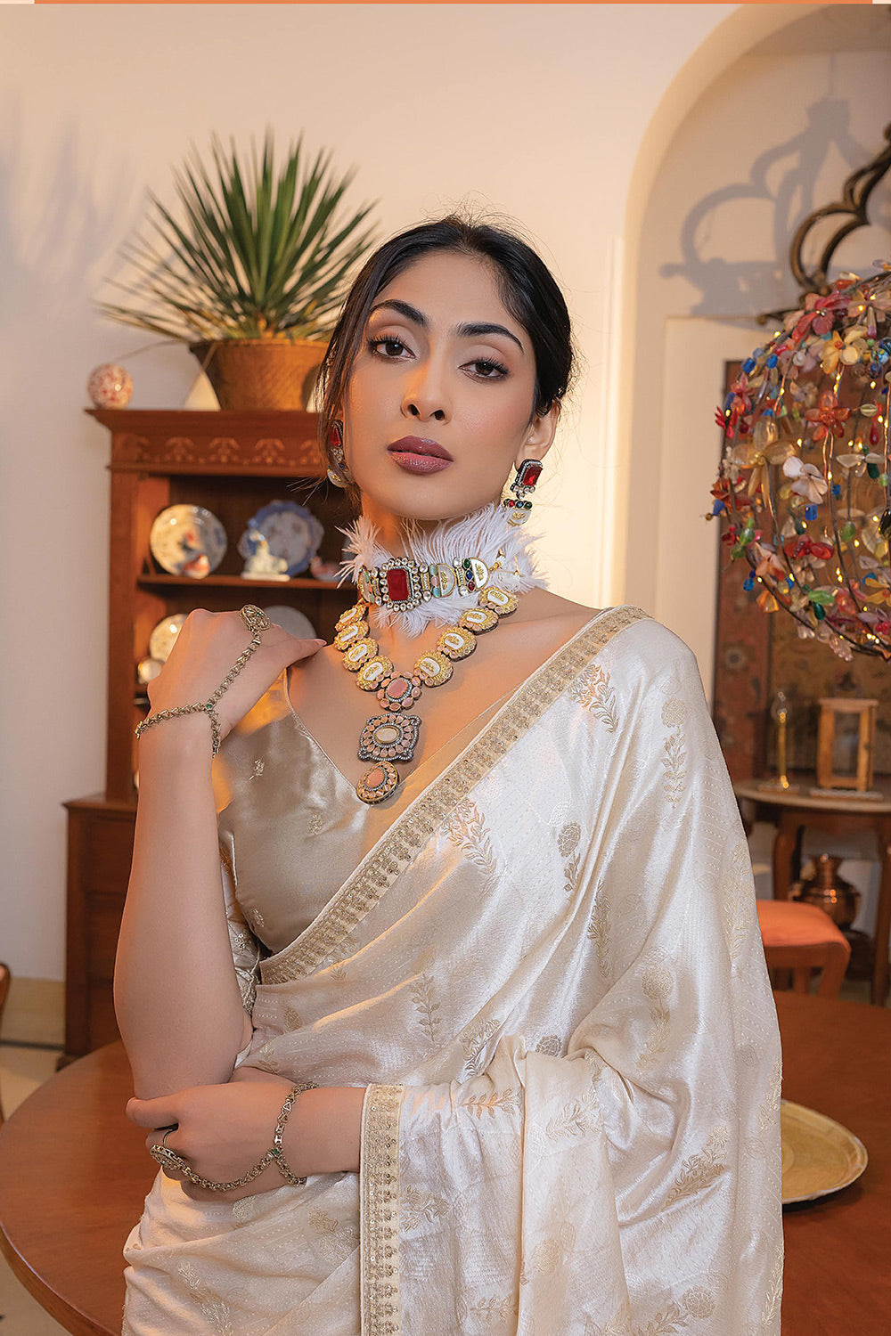 MySilkLove Wafer White Satin Saree with Embroidered Blouse